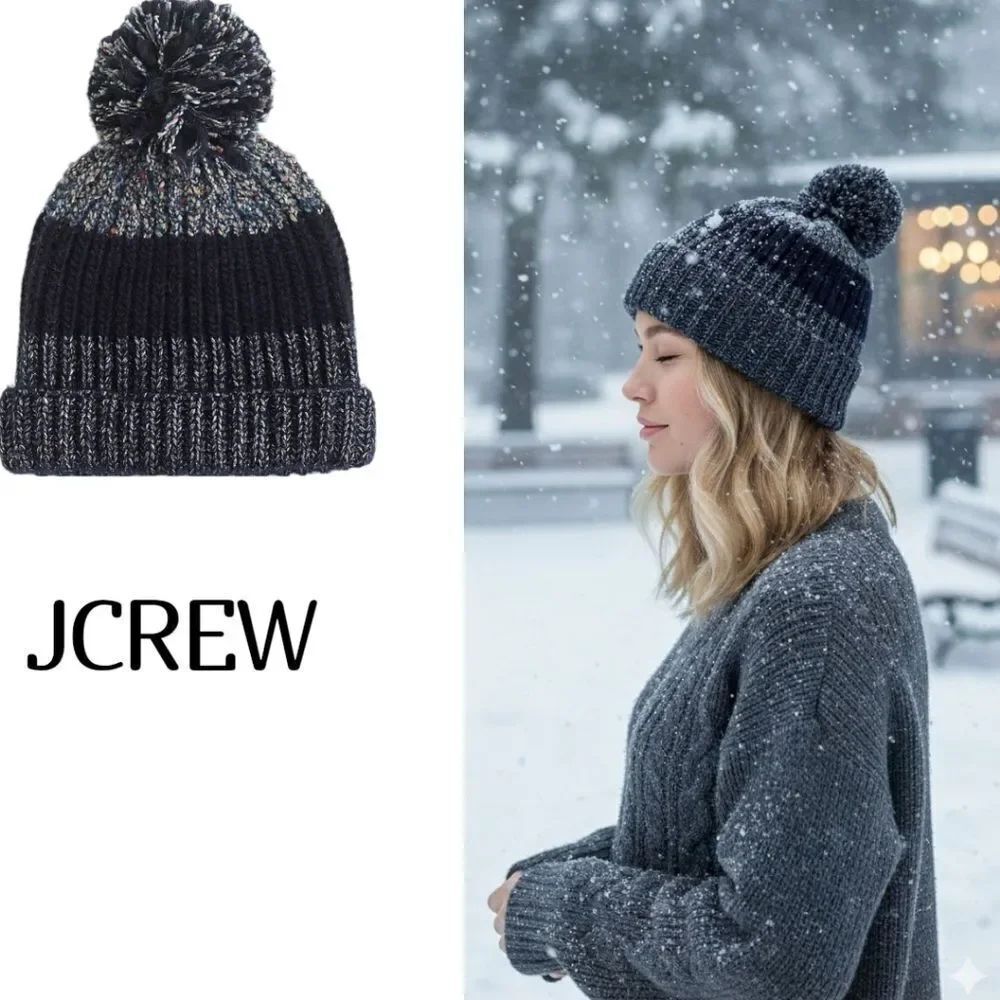 Jcrew cozy rib knit metallic navy Wool alpaca Blend Beanie Pom Pom Hat